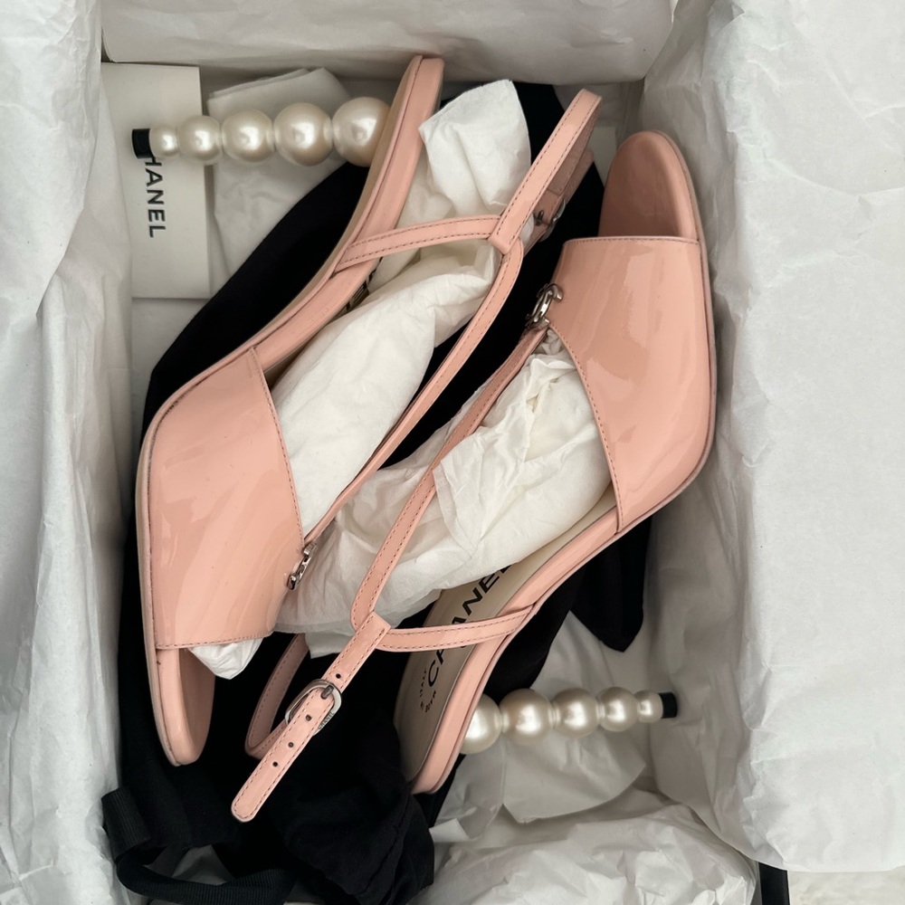 Chanel Patent Lambskin & Imitation Pearls Sandal Heels